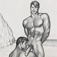 Tom of Finland drawing depicting two male nudes on a beach.