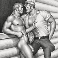 Tom of Finland drawing depicting a logger and a male nude leaning against a cabin.