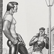 Tom of Finland drawing depicting Peter Berlin cruising a man in leather gear on a street in San Francisco.