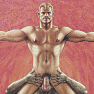 Tom of Finland drawing depicting two male nudes in front of an abstract background.