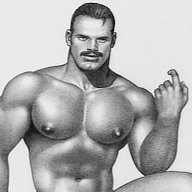 Tom of Finland drawing depicting a seated male nude.
