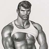 Tom of Finland drawing depicting a handsome bodybuilder in a tank top.