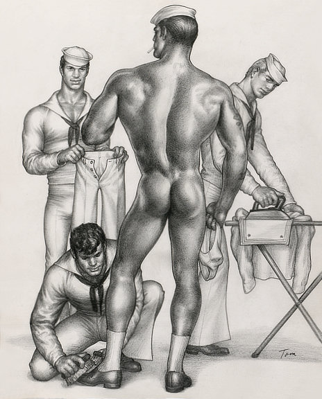 Tom of Finland original drawing depicting three sailors dressing their master.