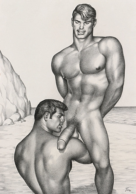 Tom of Finland original drawing depicting two male nudes on a beach.