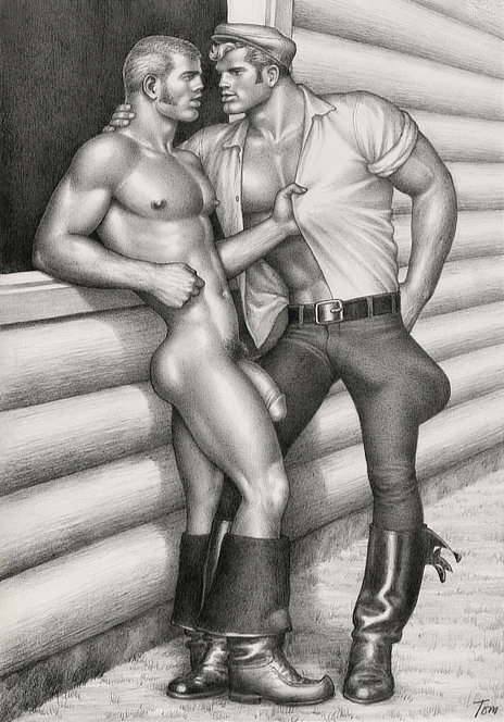 Tom of Finland original drawing depicting a logger and a male nude leaning against a cabin.