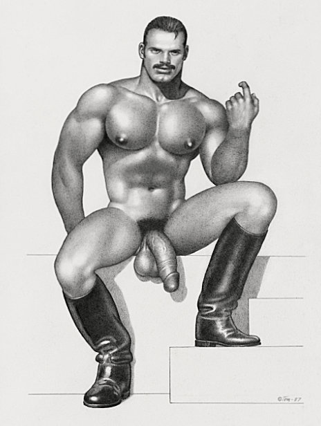 Tom of Finland original drawing depicting a seated male nude.