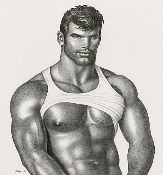 Tom of Finland original drawing depicting a handsome bodybuilder in a tank top.