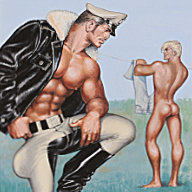 Tom of Finland painting depicting a biker flirting with a male nude.