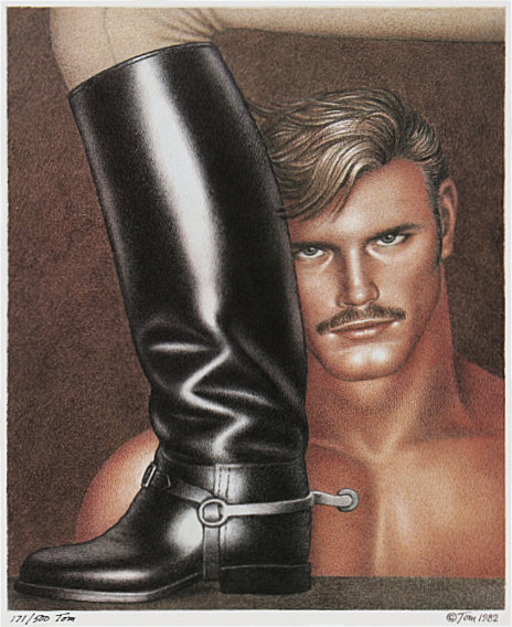 Tom of Finland poster lithograph "Man and His Boot" depicting the portrait of a handsome man next to a leather boot.