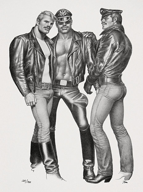 Tom of Finland poster lithograph "The Leather Brotherhood" depicitng three men in leather gear.