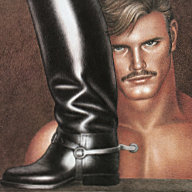 Tom of Finland poster "Man and His Boot" depicting the portrait of a handsome man next to a leather boot.