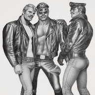 Tom of Finland poster "The Leather Brotherhood" depicting three men in leather gear.